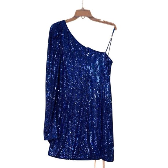 Mac Duggal Size 12 NWT Style 26946 Royal Blue Sequined One Shoulder Mini Dress - Picture 4 of 7